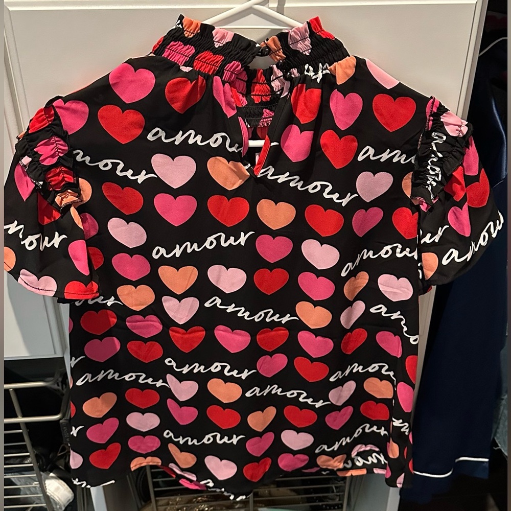 Women’s Heart Print Ruffled Mock Neck Top - Black/Pink - Picture 8 of 8